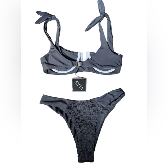 NEW Zaful Gray Smocked Shirred Bowknot Underwire V Cut Two Piece Bikini Set - Picture 2 of 11